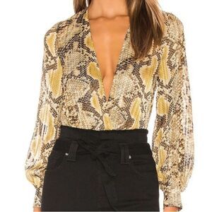 superdown Snake Print Deep V Bodysuit in Yellow and Brown